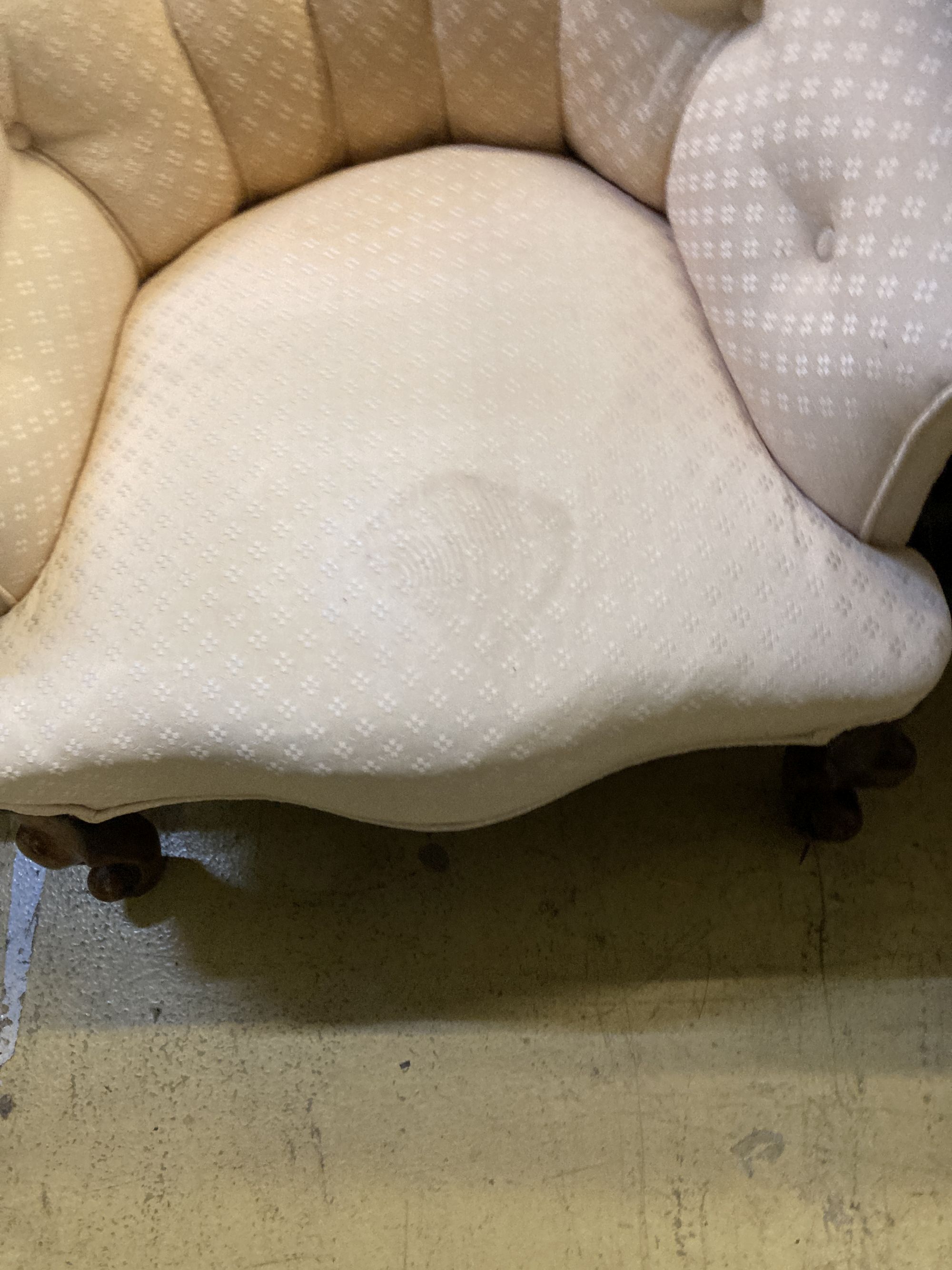 Two Victorian upholstered spoon back buttoned armchairs, larger width 70cm, depth 70cm, height 87cm